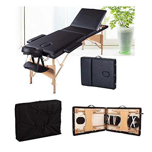 Mobile Massageliege Massagetisch Klappbar Massagebett Massagebank mit 3 Zonen höhenverstellbaren HolzFüßen Kosmetik Bank (bis 230kg belastbar) – Schwarz